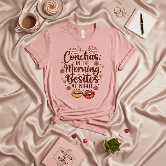 Conchas in the Morning Besitos at Night T-Shirt, Cute Mexican Sweet Bread Tee, Spanish Phrase Love Shirt, Día de San Valentín, Valentine's Day Gift for Her, Women's Pink Unisex Shirt, Hispanic Culture Puns Mexicada