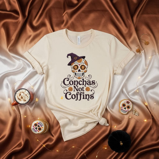 Conchas Not Coffins Sugar Skull Witch Hat T-Shirt, Day of the Dead Dia de Muertos Pan Dulce Halloween Unisex Tee, Festive Mexican Bread Dessert Graphic Shirt Mexicada