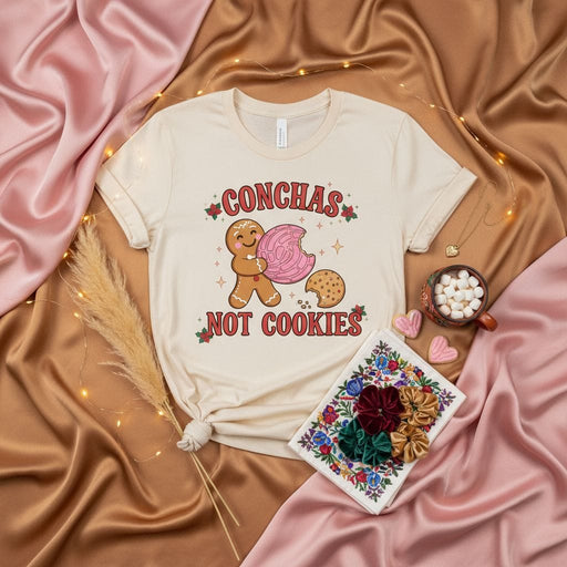 Conchas Not Cookies Gingerbread Man Shirt, Pan Dulce Mexican Sweet Bread Graphic Tee, Funny Holiday Fiesta Christmas T-Shirt, Pastel Pink Concha Cookie Graphic, Unisex Short Sleeve Top Gift Mexicada