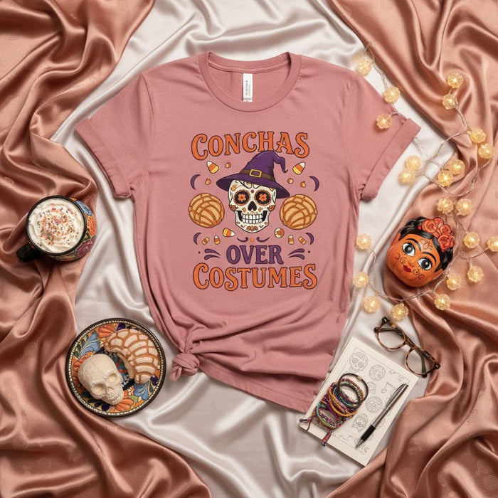 Conchas Over Costumes T-Shirt, Halloween Sugar Skull Concha Pan Dulce Shirt, Day of the Dead Shirt, Spooky Season Hispanic Food Tee, Fall Bakery Gift Idea for Women and Men Mexicada