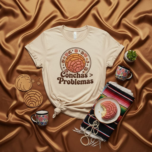 Conchas > Problemas Mexican Pan Dulce T-Shirt, Concha Shirt, Unisex Latinx Bakery Tee, Cute Hispanic Foodie Gift, Vintage Boho Floral Graphic T-Shirt Mexicada