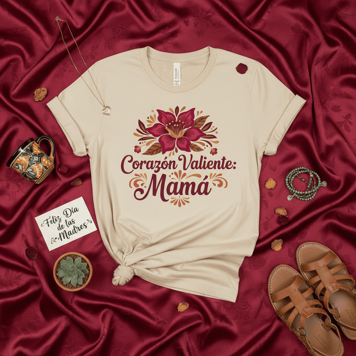 Corazón Valiente Mamá T-Shirt, Camiseta Regalo Día de las Madres, Spanish Mom Gift, Floral Mother's Day Tee, Feliz Día de las Madres Shirt, Latina Mama Outfit, Tan Unisex Graphic Shirt Mexicada