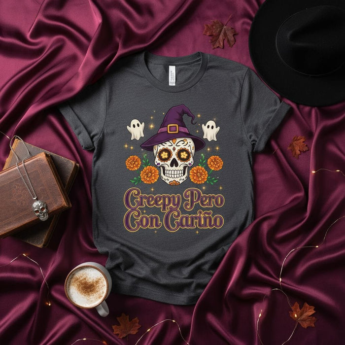 Creepy Pero Con Cariño Sugar Skull Halloween T-Shirt, Cute Spooky Ghost Marigold Dia de Muertos Witch Hat Unisex Tee, Funny Spanish Phrase Fall Shirt Mexicada