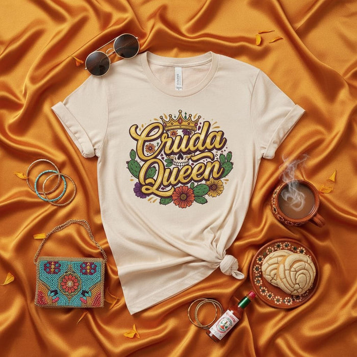 Cruda Queen Shirt, Funny Spanish Saying T-Shirt, Fiesta Mexican Skull Floral Graphic Tee, Women's Humor Drinking Top, Latinx Hispanic Culture Gift Idea Mexicada