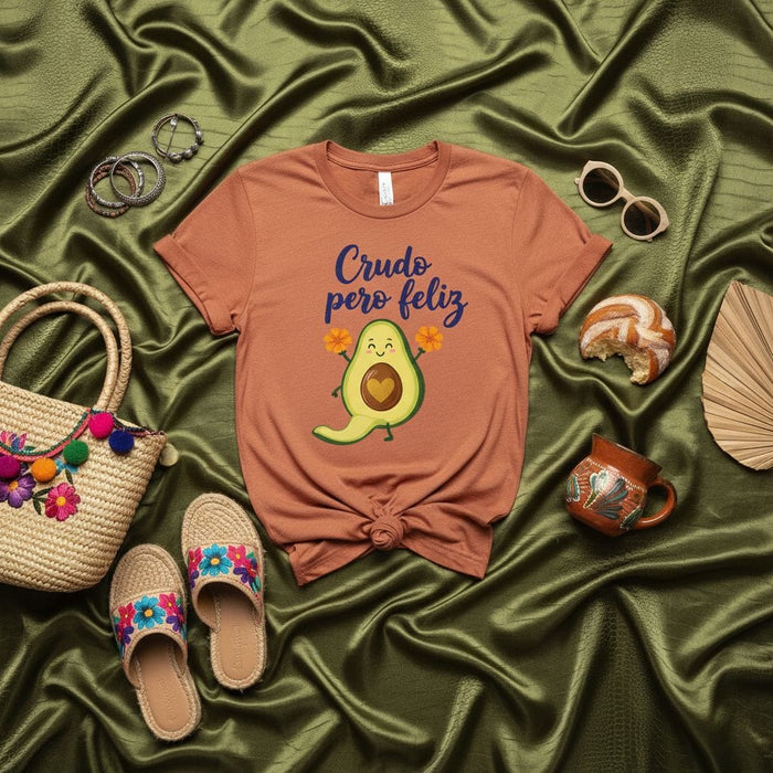 Crudo Pero Feliz Avocado T-Shirt, Funny Spanish Pun Tee, Happy Raw Guacamole Lover Shirt, Cute Floral Design, Unisex Cinco de Mayo Gift Idea Mexicada