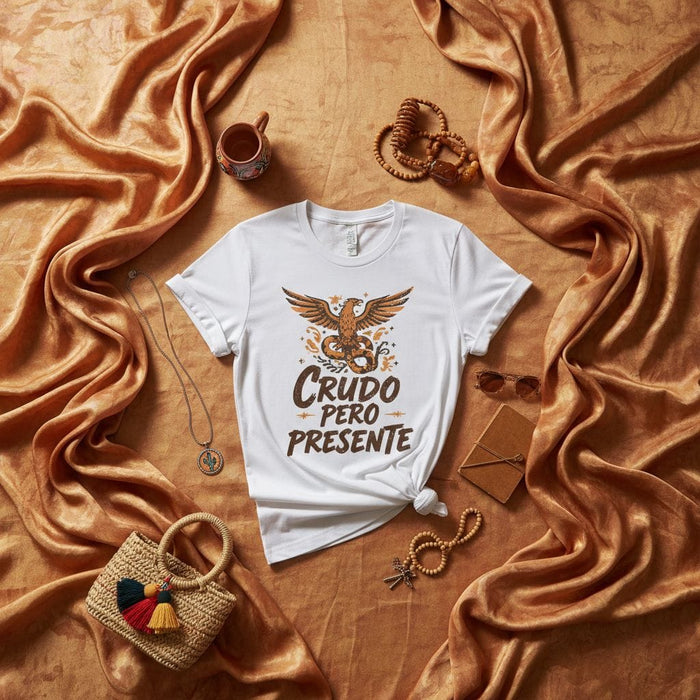 Crudo Pero Presente T-Shirt | Mexican Eagle Design | Funny Hangover Shirt | Spanish Phrase Tee | Unisex Graphic Top Mexicada