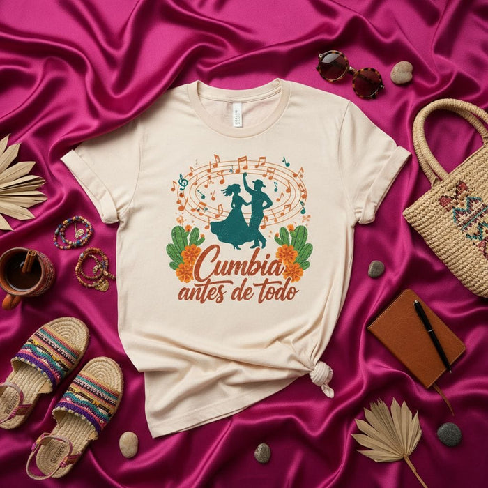 Cumbia antes de todo T-Shirt, Dancing Couple Silhouette Shirt, Musical Notes Graphic Tee, Latin Music Lover Apparel, Unisex Fiesta Dance Top Mexicada