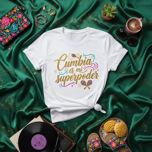 Cumbia es mi superpoder T-Shirt, Glitter Gold Cumbia Shirt, Maraca Dance Top, Latin Music Lover Gift, Spanish Phrase Tee, Retro Vinyl Record Aesthetic Mexicada