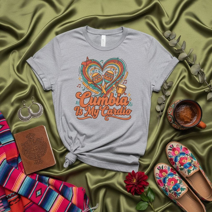 Cumbia Is My Cardio T-Shirt, Funny Cumbia Dance Shirt, Latin Music Lover Gift, Maracas Drum Heart Design Tee, Unisex Short Sleeve Shirt Mexicada