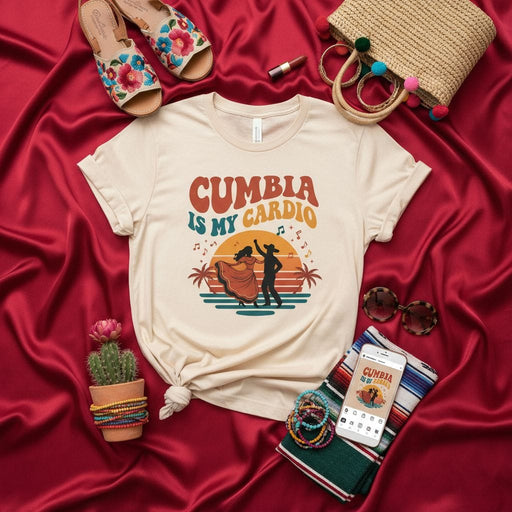 Cumbia Is My Cardio T-Shirt, Latin Dance Shirt, Vintage Sunset Graphic Tee, Unisex Cumbia Lover Gift, Fiesta Apparel, Dancing Queen and King Outfit Mexicada