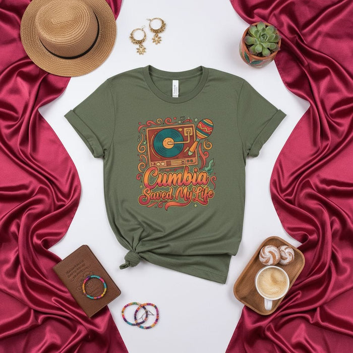 Cumbia Saved My Life Shirt Turntable Maraca Graphic Tee Cumbia Music Lover Gift Latin Dance Apparel Unisex Short-Sleeve T-Shirt Mexicada