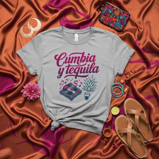 Cumbia y Tequila Shirt, Regalos para Cumbieros y Amantes del Tequila, Música Latina, Tropical Fiesta Top, Reggaeton Cumbia Dance T-Shirt, Turntable and Agave Design, Spanish Phrase Tee Mexicada
