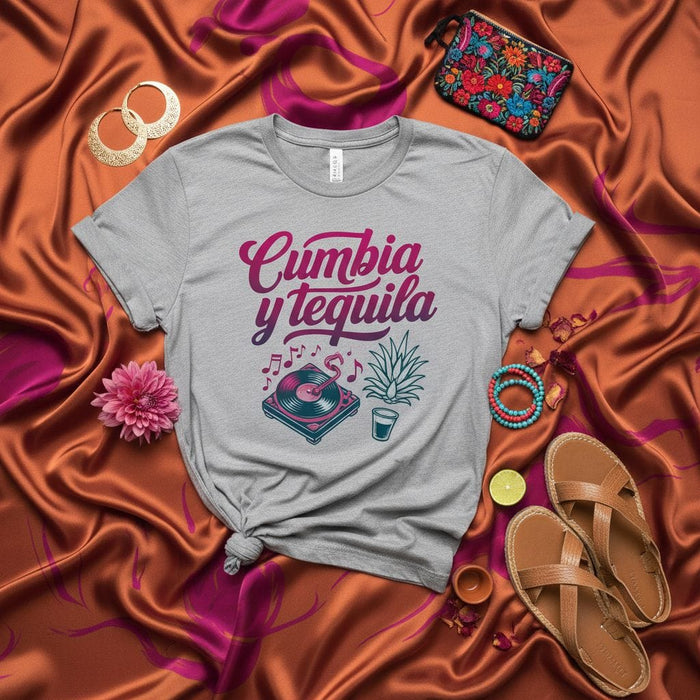 Cumbia y Tequila Shirt, Regalos para Cumbieros y Amantes del Tequila, Música Latina, Tropical Fiesta Top, Reggaeton Cumbia Dance T-Shirt, Turntable and Agave Design, Spanish Phrase Tee Mexicada