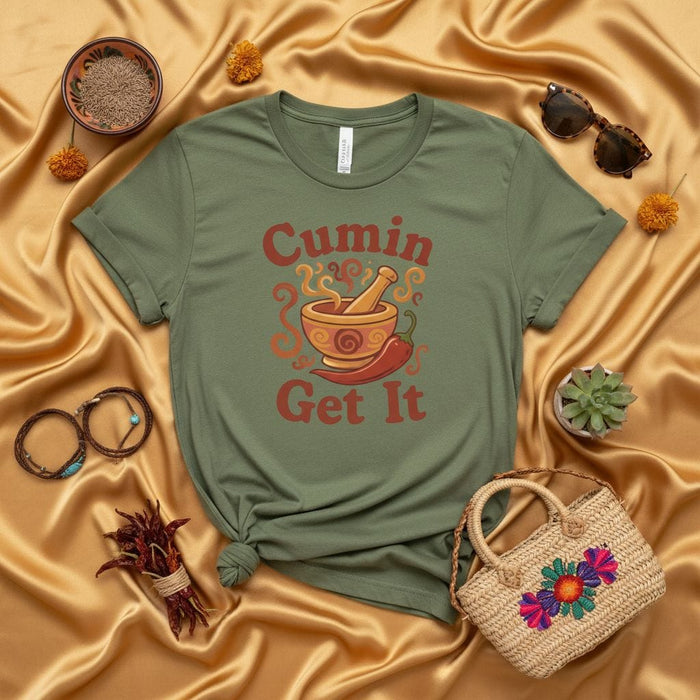 Cumin Get It T-Shirt, Funny Spice Pun Foodie Tee, Cooking Lover Gift, Herb and Mortar Pestle Graphic Shirt, Chili Pepper Retro Design Unisex Apparel Mexicada