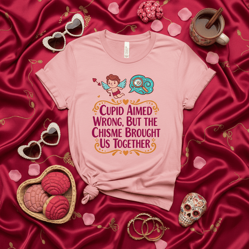 Cupid Aimed Wrong But The Chisme Brought Us Together T-Shirt, Funny Hispanic Couple Tee, Valentine's Day Shirt, Spanish Gossip Love Gift, Anti-Valentine, Latina Humor, Cute Cupid Graphic Pink Unisex Top Mexicada