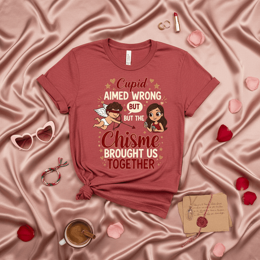 Cupid Aimed Wrong But The Chisme Brought Us Together T-Shirt, Funny Valentine's Day Gift for Girlfriend Wife Novia, Latina Love Gossip Tee, Cute Couple Matching Shirt Idea, Humor Relationship Anniversary Present, Spanglish Saying Top Mexicada