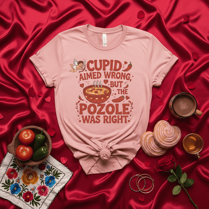 Cupid Aimed Wrong But The Pozole Was Right Shirt, Funny Pozole Lover T-Shirt, Mexican Food Valentine's Day Tee, Anti-Valentine Gift, Unisex Latinx Comfort Food Graphic Top Mexicada