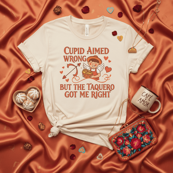 Cupid Aimed Wrong But The Taquero Got Me Right Shirt - Funny Mexican Food Taco Valentine's Day T-Shirt, Cute Taquero Angel Cupid Design Tee, Spanish-English Mix Amor Gift for Foodies and Taco Lovers Mexicada