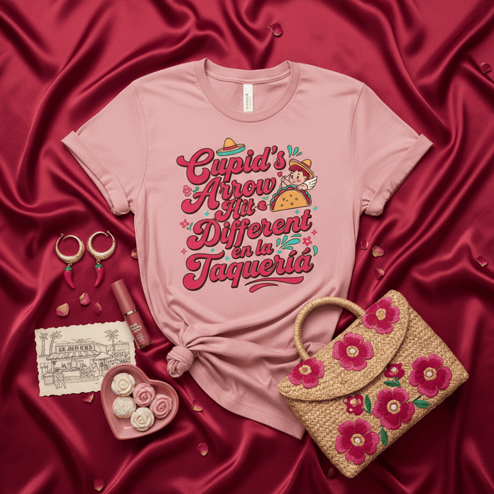 Cupid's Arrow Hits Different en la Taquería T-Shirt, Funny Valentine's Day Tee, Taco Lover Shirt, Cute Pink Unisex Gift for Her, Taqueria Love, Retro Style Graphic Top Mexicada