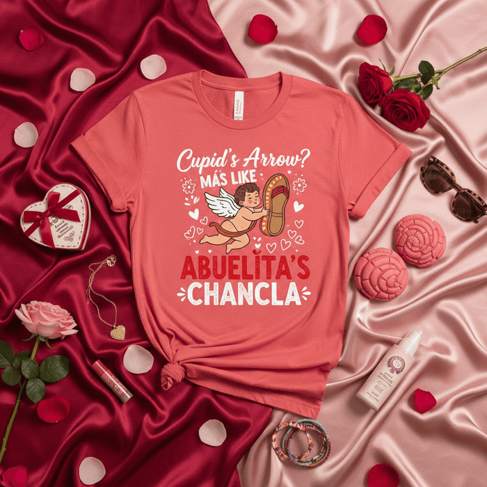 Cupid's Arrow? Más Like Abuelita's Chancla Shirt, Funny Latino Grandma Valentine's Day Gift Tee, Spanish Meme T-Shirt, Cute Angel with Sandal Graphic, Día del Amor y la Amistad. Mexicada