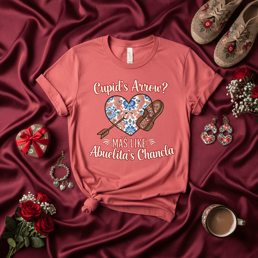 Cupid's Arrow? Más Like Abuelita's Chancla T-Shirt | Funny Hispanic Grandma Joke Tee | Mexican Floral Heart Design | Spanish Culture Gift Idea | Unisex Red Shirt Mexicada