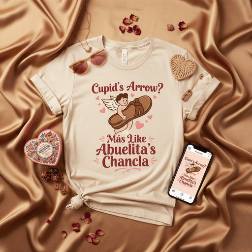 Cupid's Arrow? Más Like Abuelita's Chancla T-Shirt | Funny Hispanic Grandma Love & Discipline Tee | Spanglish Quote Valentine's Day Shirt | La Chancla Novelty Gift for Abuela, Nana, or Tia Mexicada