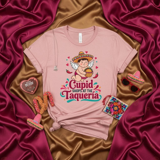Cupid Shops At The Taqueria Shirt, Cute Mexican Valentine's Day T-Shirt, Funny Angel with Sombrero and Tacos Graphic Tee, Unisex Cupid's Favorite Food Apparel Mexicada