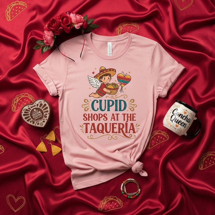 Cupid Shops At The Taquería Shirt, Cute Mexican Valentine's Day Tee, Funny Taco Lover Gift, Kawaii Angel Sombrero Heart Pinata T-Shirt, Fiesta Love Apparel Mexicada