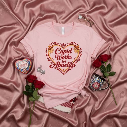 Cupid Works for Abuelita T-Shirt, Cute Spanish Valentine's Day Shirt, Mexican Grandma Love Heart Tee, Funny Dia del Amor Y Amistad Gift for Grandmother. Mexicada