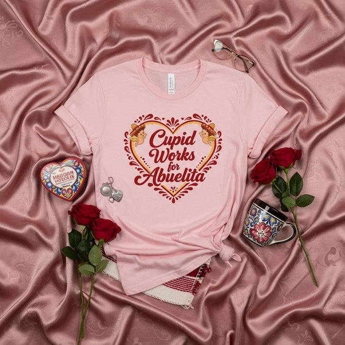 Cupid Works for Abuelita T-Shirt, Cute Spanish Valentine's Day Shirt, Mexican Grandma Love Heart Tee, Funny Dia del Amor Y Amistad Gift for Grandmother. Mexicada