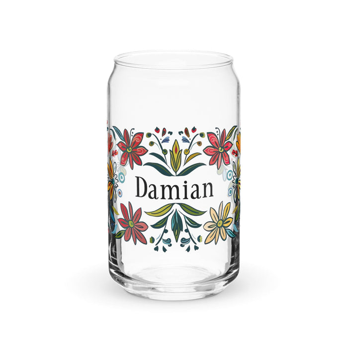 Damian Exclusive Name Art Piece Can-Shaped Glass Home Office Work Mexican Spanish Pride Gift Cup One-Of-A-Kind Calligraphy Glass | D2 Mexicada 16 oz