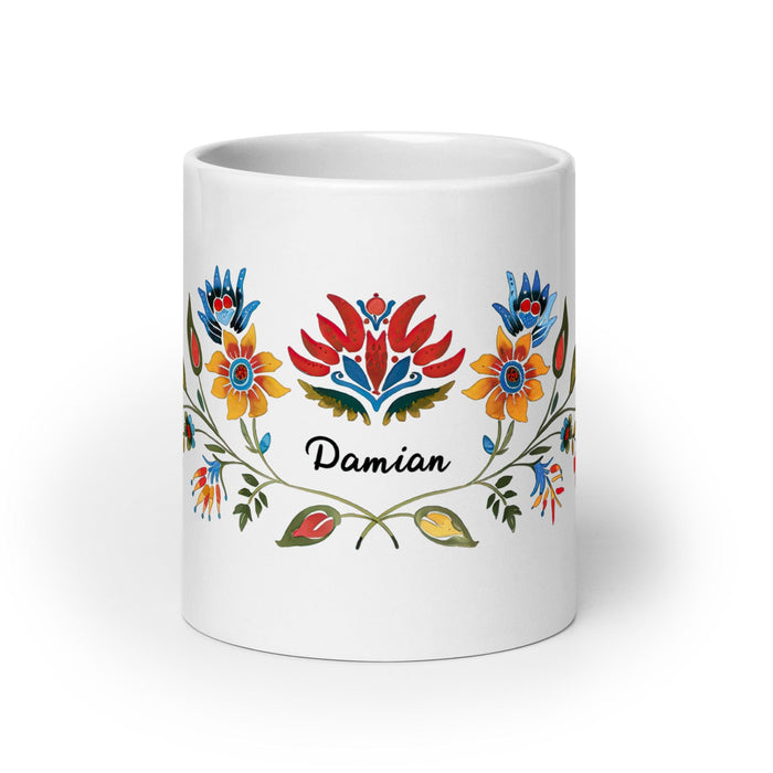 Damian Exclusive Name Art Piece Home Office Work Coffee Mug Mexican Spanish Pride Gift Cup One-Of-A-Kind Calligraphy White Glossy Mug | D1 Mexicada