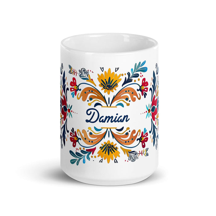 Damian Exclusive Name Art Piece Home Office Work Coffee Mug Mexican Spanish Pride Gift Cup One-Of-A-Kind Calligraphy White Glossy Mug | D3 Mexicada