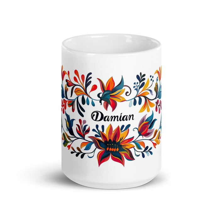 Damian Exclusive Name Art Piece Home Office Work Coffee Mug Mexican Spanish Pride Gift Cup One-Of-A-Kind Calligraphy White Glossy Mug | D4 Mexicada