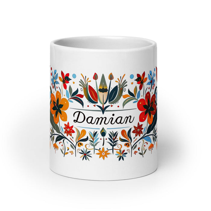 Damian Exclusive Name Art Piece Home Office Work Coffee Mug Mexican Spanish Pride Gift Cup One-Of-A-Kind Calligraphy White Glossy Mug | D9 Mexicada