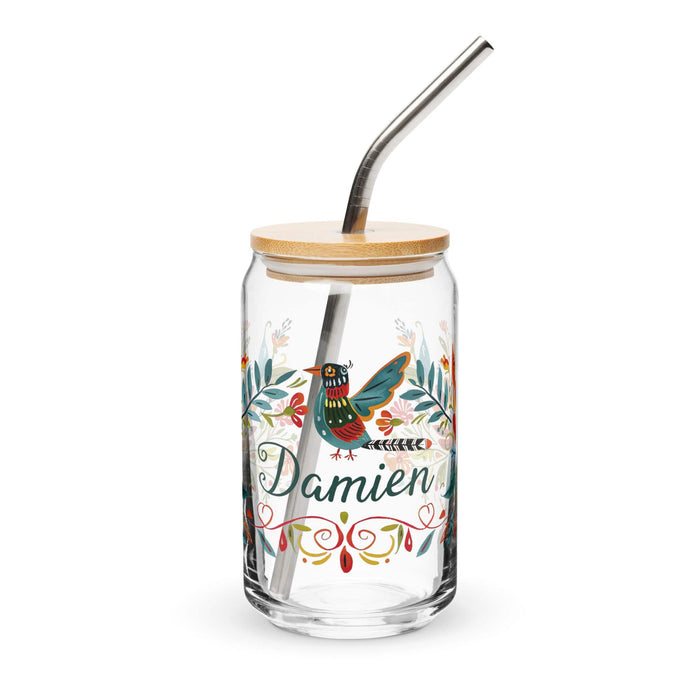 Damien Exclusive Name Art Piece Can-Shaped Glass Home Office Work Mexican Spanish Pride Gift Cup One-Of-A-Kind Calligraphy Glass | D6 Mexicada 16 oz With Lid & Straw