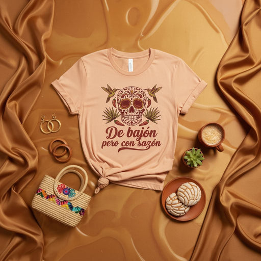 De bajón pero con sazón Day of the Dead Sugar Skull T-Shirt, Hummingbird Floral Calavera Tee, Funny Spanish Quote Unisex Shirt, Dia de Muertos Gift Mexicada