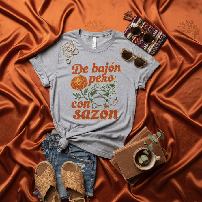De bajón pero con sazón T-Shirt, Spanish Quote Foodie Shirt, Funny Mexican Soup Chili Comfort Food Tee, Latine Gift Idea Mexicada