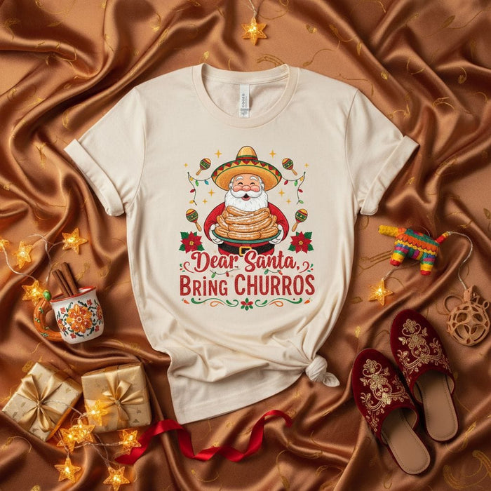 Dear Santa Bring Churros T-Shirt, Funny Mexican Santa Sombrero Christmas Tee, Navidad Holiday Fiesta Shirt, Churro Lover Gift, Festive Xmas Apparel, Unisex Graphic Shirt Mexicada