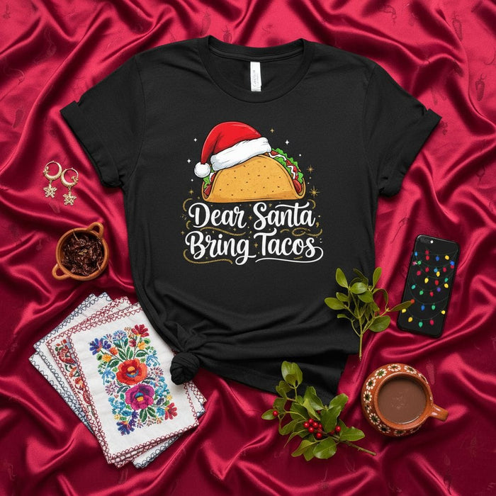 Dear Santa Bring Tacos Christmas Shirt Unisex Funny Holiday Taco Lover Gift Black Tee, Festive Mexican Food Pun Apparel, Santa Hat Taco Graphic Xmas Top, Novelty Winter Celebration T-Shirt for Men & Women Mexicada