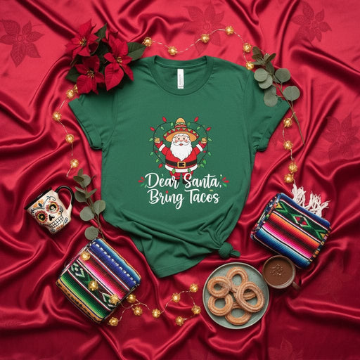 Dear Santa Bring Tacos Shirt, Funny Christmas Santa Sombrero Tee, Mexican Fiesta Holiday Party Apparel, Taco Lover Gift, Unisex Xmas Graphic T-Shirt Mexicada