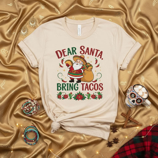 Dear Santa Bring Tacos Shirt, Funny Christmas Taco Lover Tee, Festive Fiesta Santa Claus Sombrero Chili Peppers Xmas Holiday Gift T-Shirt, Unisex Graphic Top Mexicada