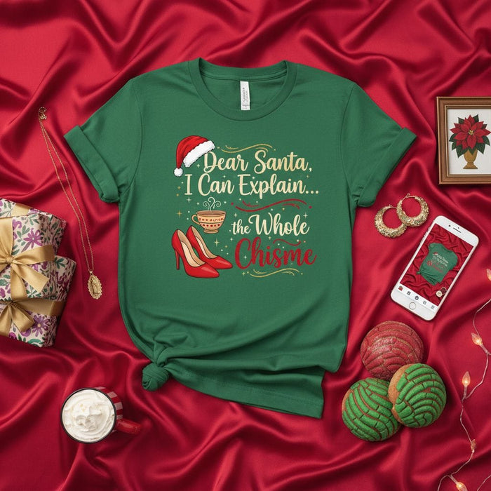 Dear Santa I Can Explain The Whole Chisme T-Shirt, Funny Christmas Holiday Tee, Red High Heels Coffee Mug, Women's Xmas Party Shirt, Nochebuena Gift, Spanish English Mixed Phrase Top Mexicada
