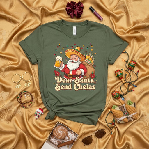 Dear Santa Send Chelas Shirt, Mexican Santa Sombrero Beer Christmas Tee, Funny Xmas Fiesta Party T-Shirt, Holiday Drinking Gift Top, Unisex. Mexicada