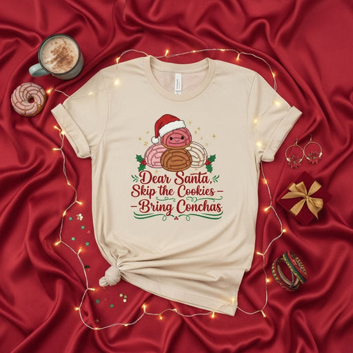 Dear Santa Skip the Cookies Bring Conchas Shirt, Funny Mexican Christmas Bread T-Shirt, Pastel Concha Pan Dulce Holiday Tee, Latina Holiday Gift, Navidad Conchas Shirt, Unisex T-Shirt Mexicada