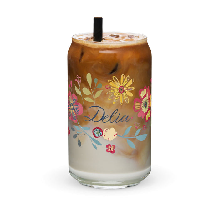 Delia Exclusive Name Art Piece Can-Shaped Glass Home Office Work Mexican Spanish Pride Gift Cup One-Of-A-Kind Calligraphy Glass | D14 Mexicada