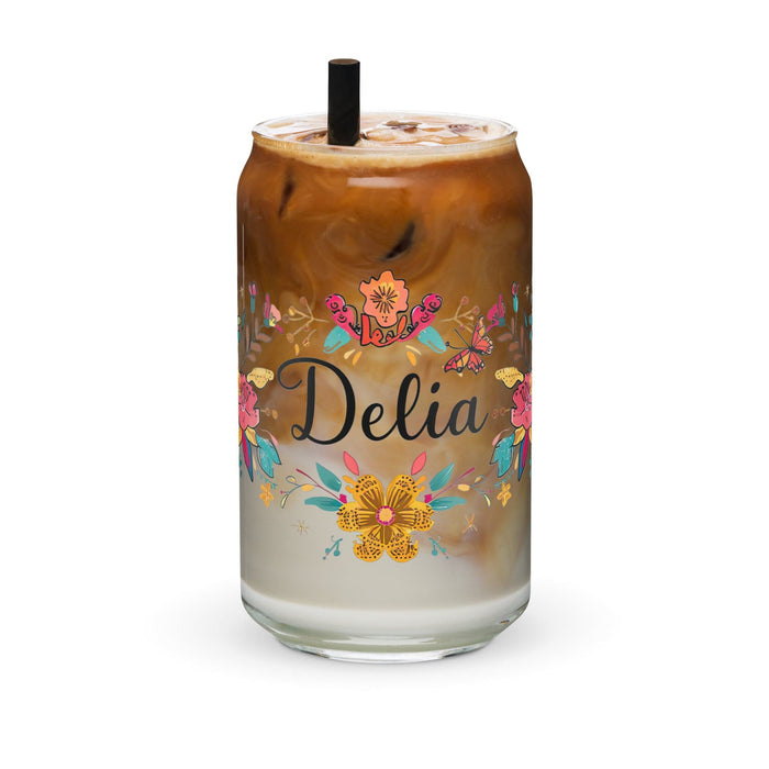 Delia Exclusive Name Art Piece Can-Shaped Glass Home Office Work Mexican Spanish Pride Gift Cup One-Of-A-Kind Calligraphy Glass | D29 Mexicada