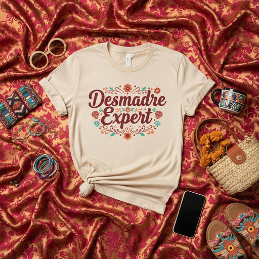 Desmadre Expert Shirt, Funny Latina Mom Gift Tee, Spanish Saying T-Shirt with Flowers, Mexican Fiesta Style Shirt, Cute Desmadre T-Shirt for Women, Unisex Adult T-Shirt Mexicada