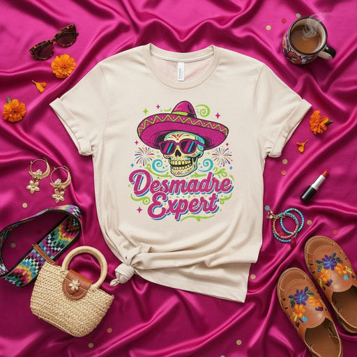 Desmadre Expert T-Shirt with Sugar Skull in Sombrero, Funny Mexican Fiesta Party Tee, Cinco de Mayo or Day of the Dead Shirt, Unisex Gift Idea Mexicada