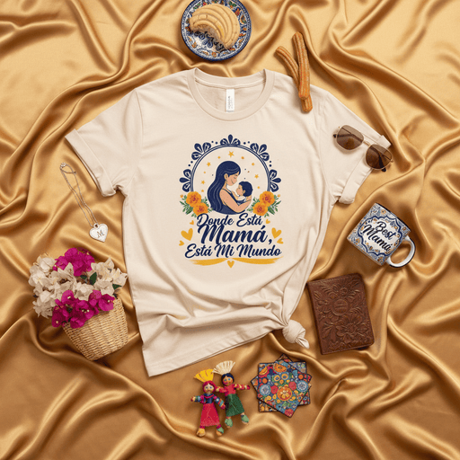 Donde Está Mamá Está Mi Mundo T-Shirt | Spanish Mother's Day Shirt with Floral Mama and Baby Design | Best Mama Mug and Churro Photo Props | Latina Mom Gift Tee | Hispanic Heritage Family Love Apparel for Women and Men Mexicada